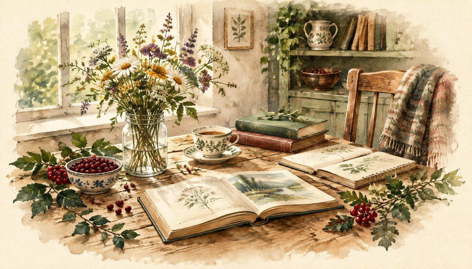 Watercolor painting of a cozy homeschool table with books, tea and wildflowers